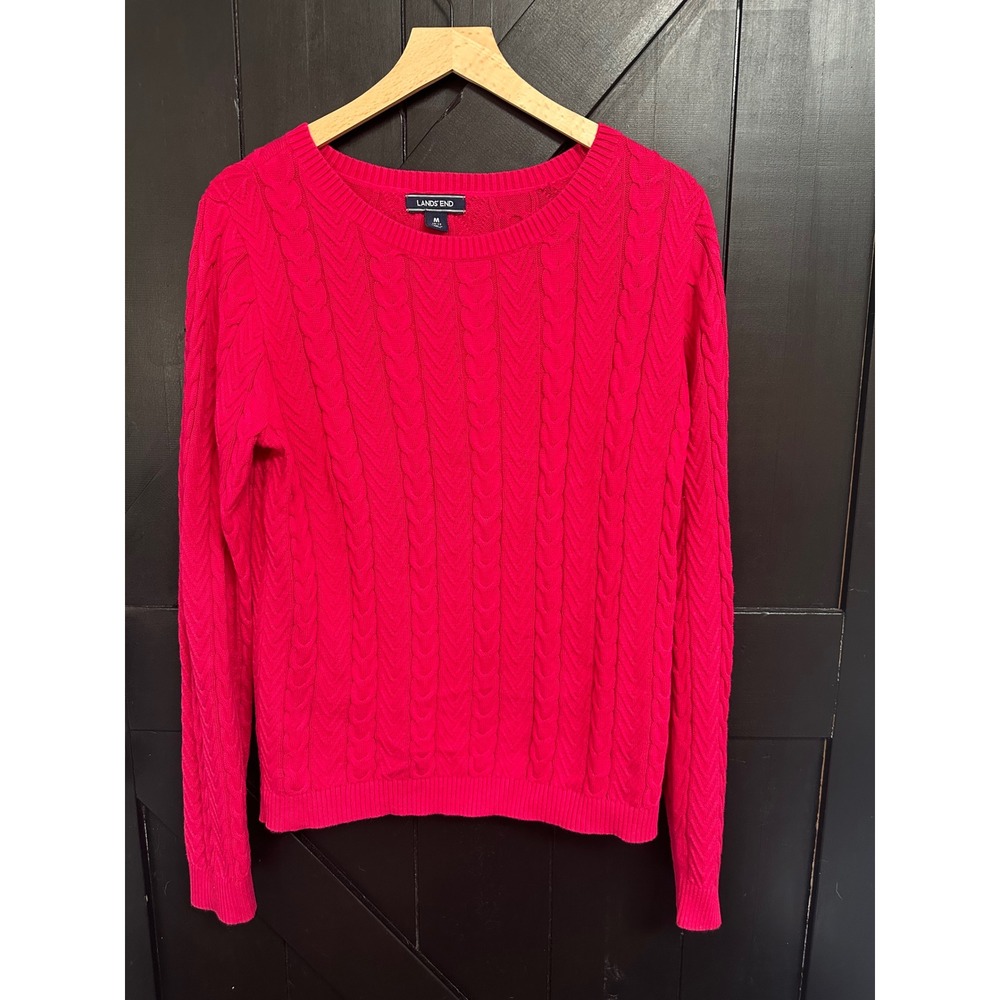Lands End Pink Raspberry Cable Knit Cotton Crew Neck Sweater Size M 10-12 Preppy